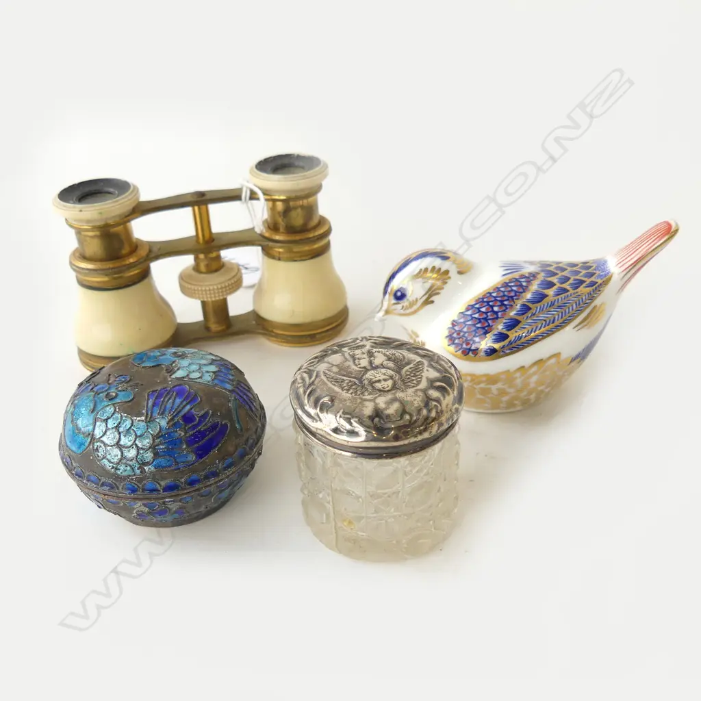 4 PCES; OPERA GLASSES, 2 CONTAINERS 1 w. STG LID, ROYAL CROWN DERBY BIRD Image 1++