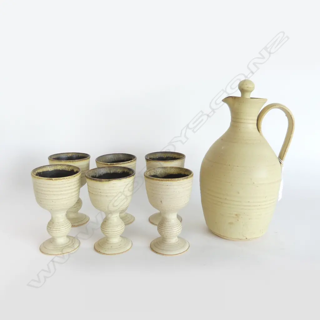 STUDIO POTTERY STOPPERED JUG & 6 GOBLETS SIGNED H260MM Image 1++