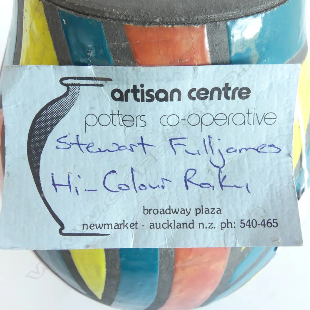STEWART FULLJAMES POTTERY 'HI-COLOUR RAKU' VASE geopmetric panels H.250MM with label/card Image 1++