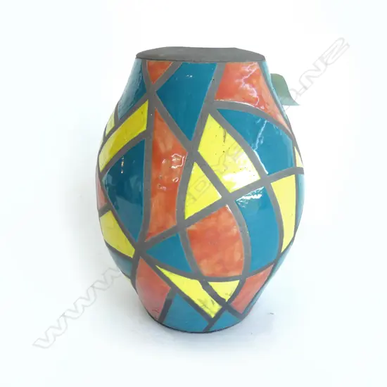 STEWART FULLJAMES POTTERY 'HI-COLOUR RAKU' VASE geopmetric panels H.250MM with label/card