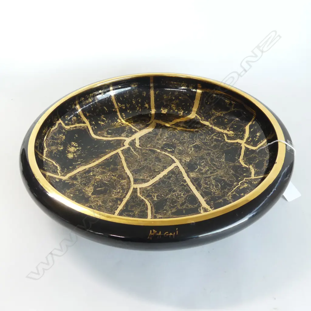 ALVINO BAGNI (ITALIAN) BLACK & GILT CERAMIC LGE BOWL SIGNED Dia.235mm Image 1++