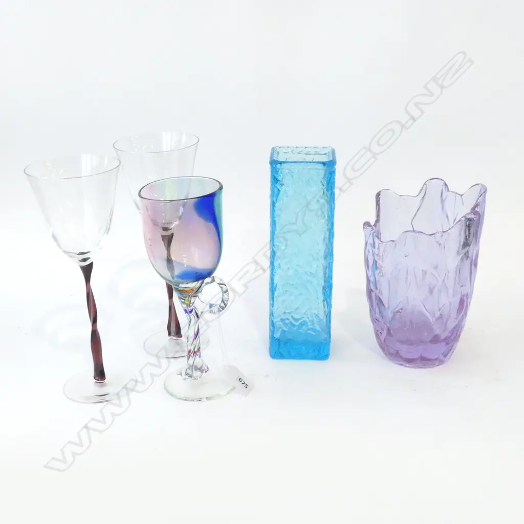2 ART GLASS VASES + 3 DESIGNER STEM GLASSES INCL. PR SALVIATI Image 1++