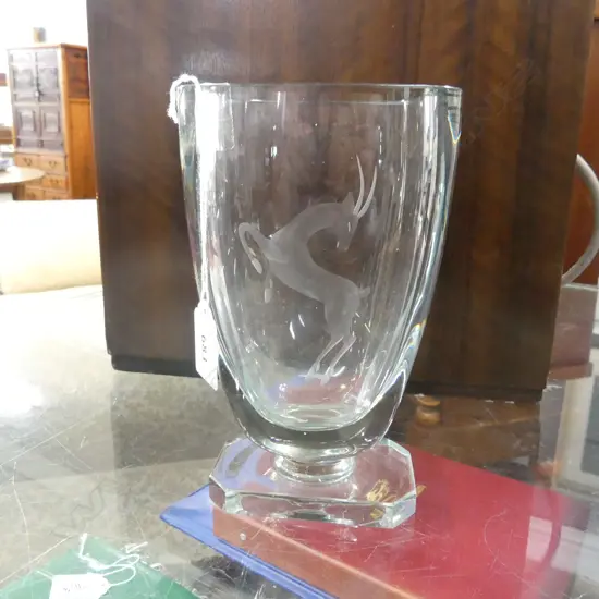 STROMBERG? DECO GLASS VASE w. DEER ETCHING H.195mm