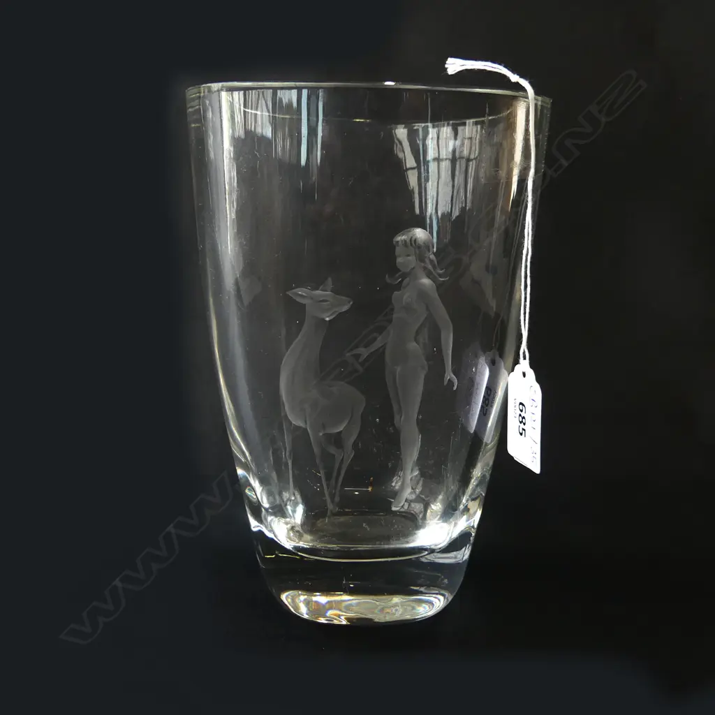 STROMBERG? GLASS VASE w. ETCHED DEER & GIRL H.195mm  Image 1++