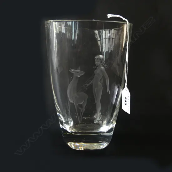 STROMBERG? GLASS VASE w. ETCHED DEER & GIRL H.195mm 