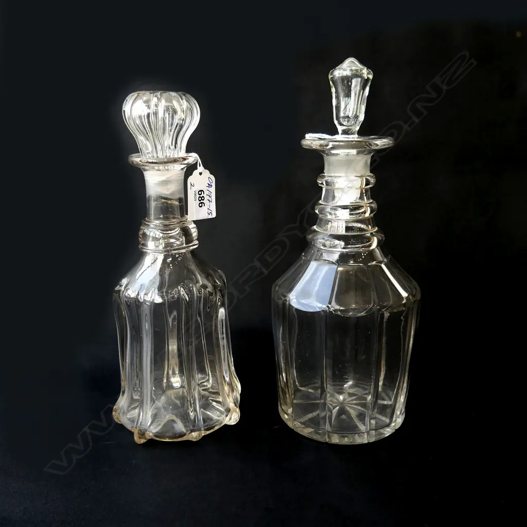 2 ANTIQUE GEORGIAN DECANTERS 1 GLASS (stopper chipped) & 1 CRYSTAL Image 1++