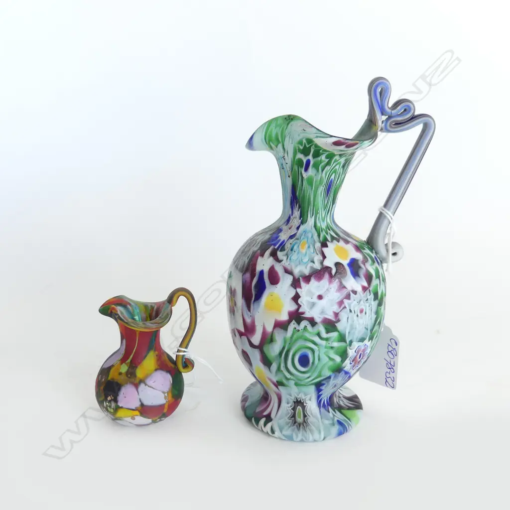2 VINTAGE VINTAGE MILLEFIORI GLASS hand made JUGS H.150mm & 60mm Image 1++