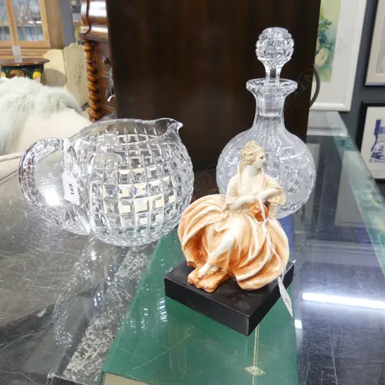 1928 STEPHENS & WILLIAMS GLASS JUG & DECANTER (TALLEST 240mm) + ONE CERAMIC SCULPTURE FROM G.CACCIAPUOTI,H.160mm