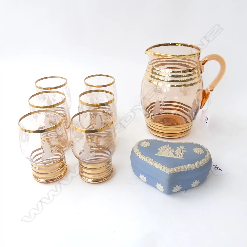 7 PCE DRINKS SET; JUG & 6 GLASSES + WEDGWOOD LIDDED CONTAINER Image 1++