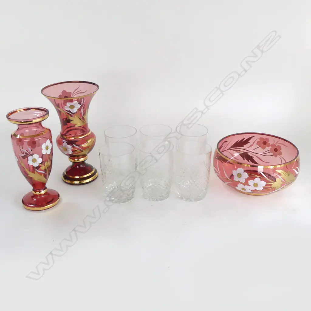 6 CRYSTAL TUMBLERS H.125mm (1 w. RIM FRITS) + 3 PCES BOHEMIA GLASS; BOWL + 2 VASES H.230mm Image 1++