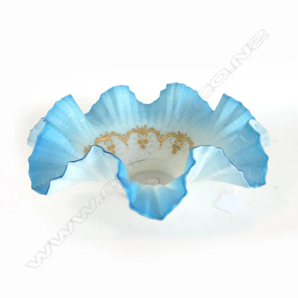 VICT BLUE & GILT MILKGLASS FRILL VASE DIA280MM Image 1++