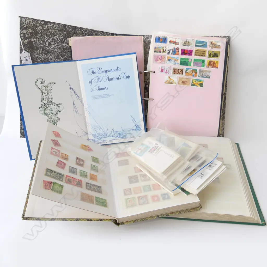 4 STAMP ALBUMS & 2 BAGS OF STAMPS  Image 1++