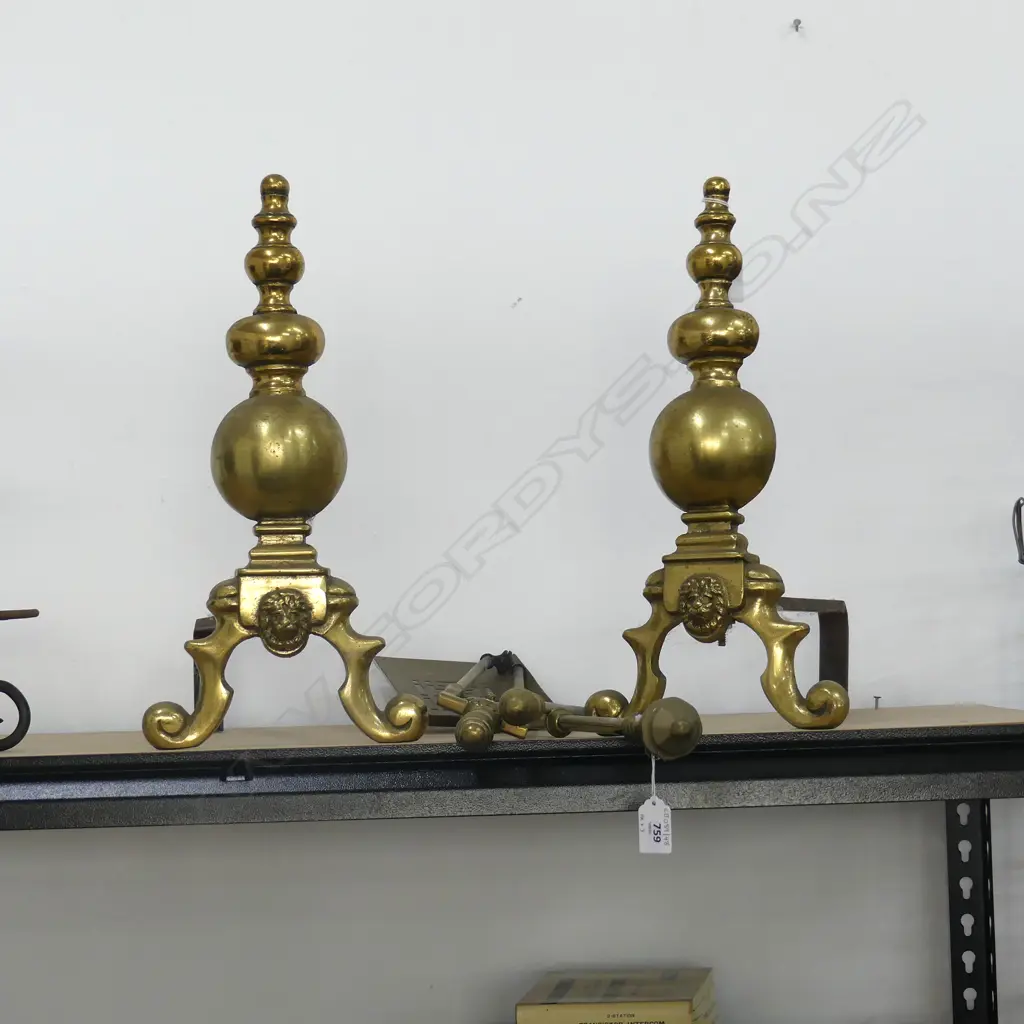SET OF ANTIQUE BRASS FIREDOGS H410MM BRASS POKER TONGS & SHOVEL L700MM Image 1++