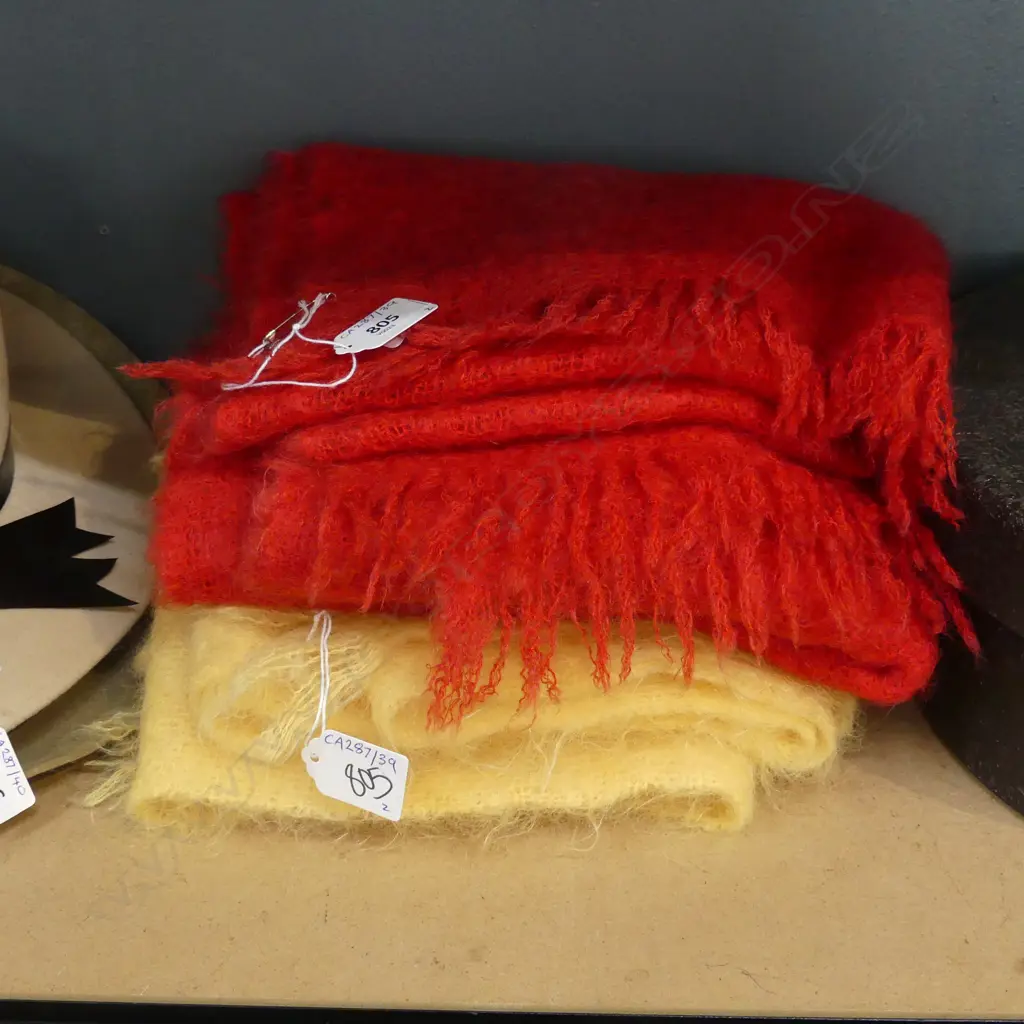 2 SCOTTISH MOHAIR SHAWLS RED & APRICOT L1640MM Image 1++