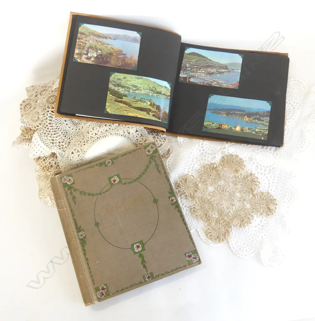 2 VINTAGE POSTCARD ALBUMS, 1 SUEDE BOUND w HANDPAINTED MAORI CHIEF & COLLECTION OF CROCHETED LINEN Image 1++