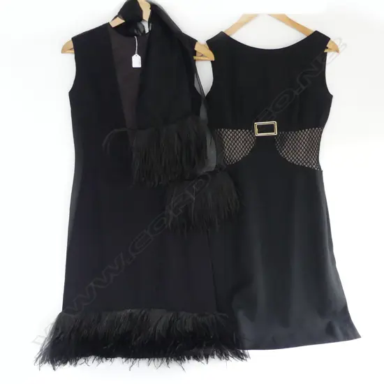 2 SIZE 12 RETRO BLACK DRESSES; MARCEL FENEZ w. FEATHER TRIM & SCARF, LONDON TOWN MADE IN MAYFAIR