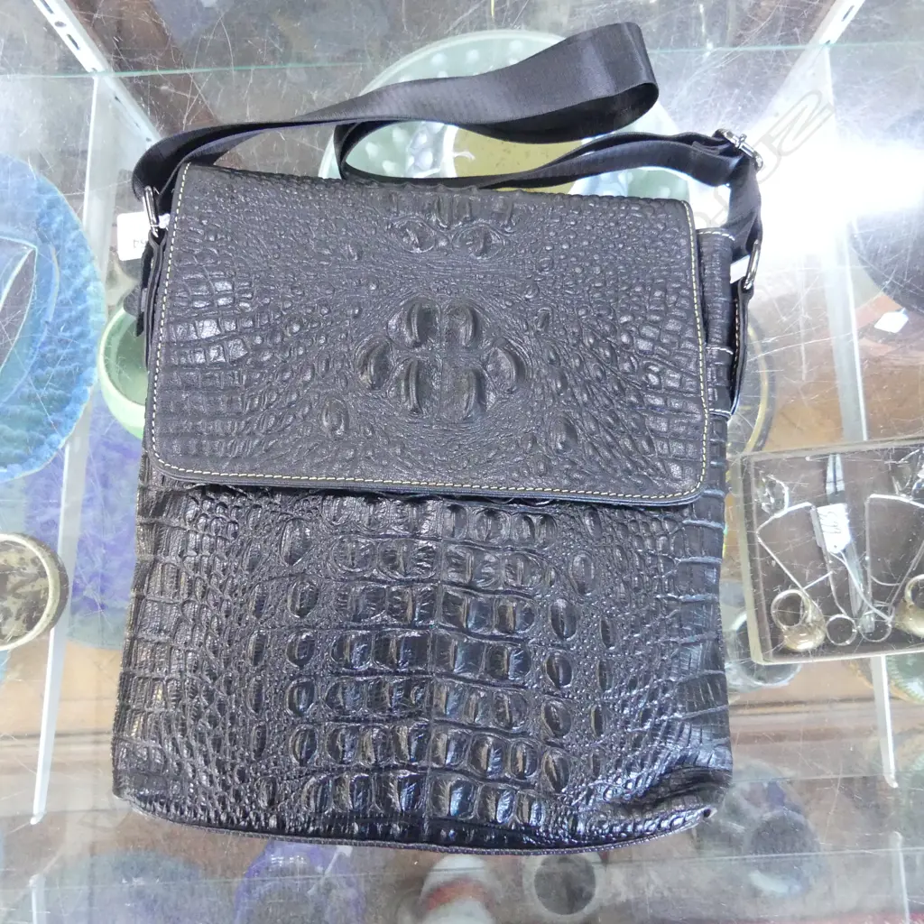 BLACK FAUX CROCODILE SATCHEL BAG 300x250mm Image 1++