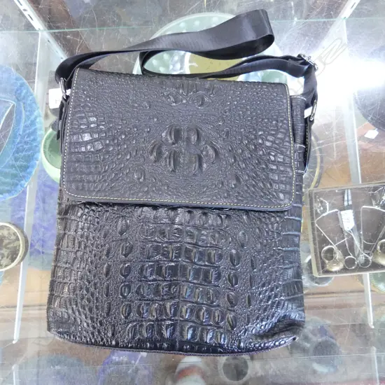 BLACK FAUX CROCODILE SATCHEL BAG 300x250mm