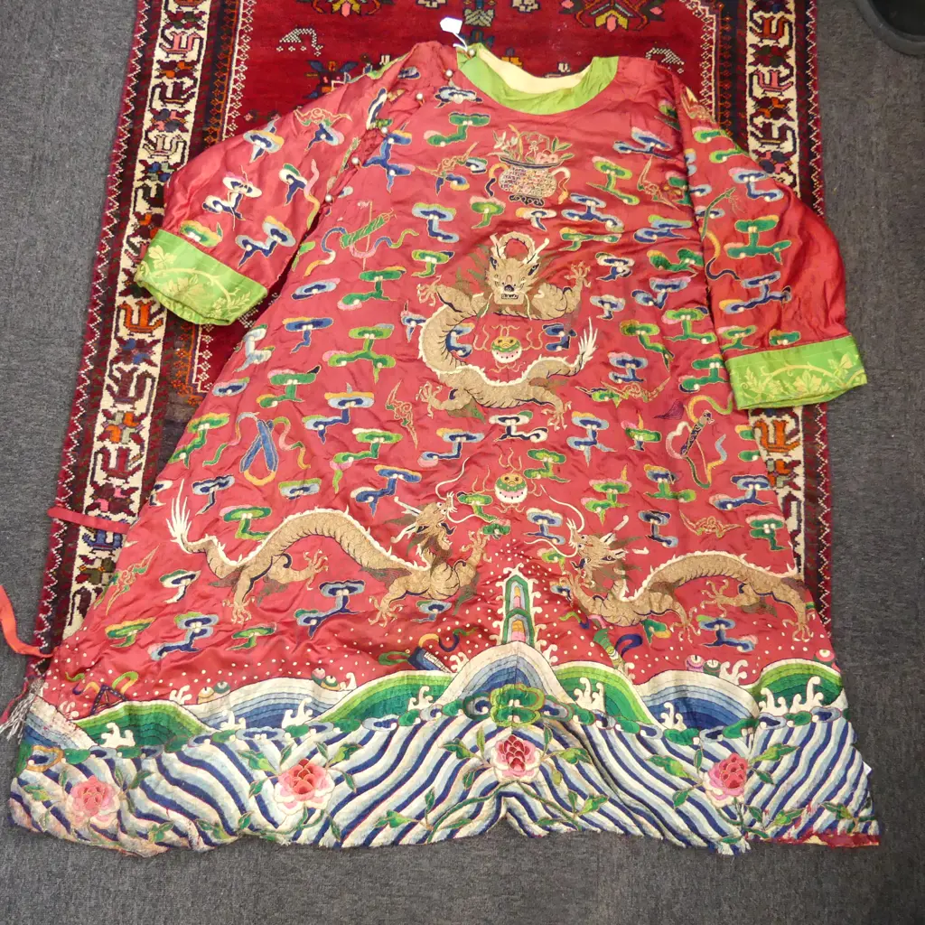 VINTAGE CHINESE EMBROIDERED RED ROBE, SOME FAULTS Image 1++