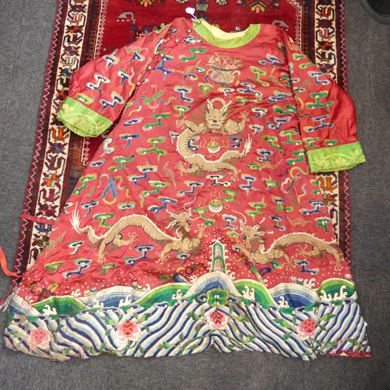 VINTAGE CHINESE EMBROIDERED RED ROBE, SOME FAULTS