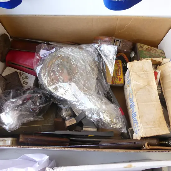 METAL DOOR LOCKS, MINCER, TOBACCO TINS, BUTCHERS KNIVES ETC