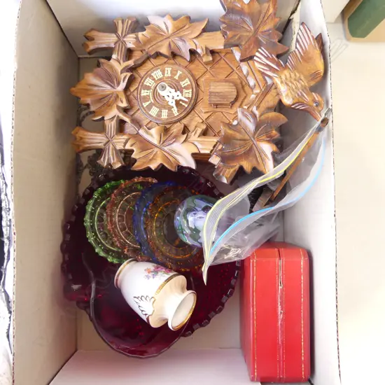 CUCKOO CLOCK, CARTIER CLOCK, ASST. GLASS ETC