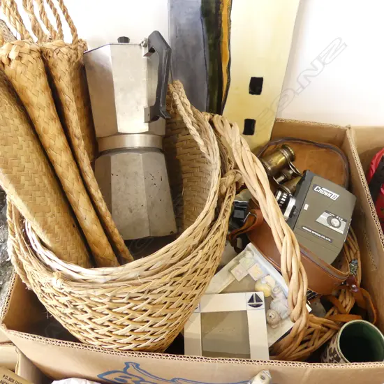 WOVEN BASKETS, FILM CAMERA, OPERA GLASSES, MORRIS & JAMES ART TILE ETC