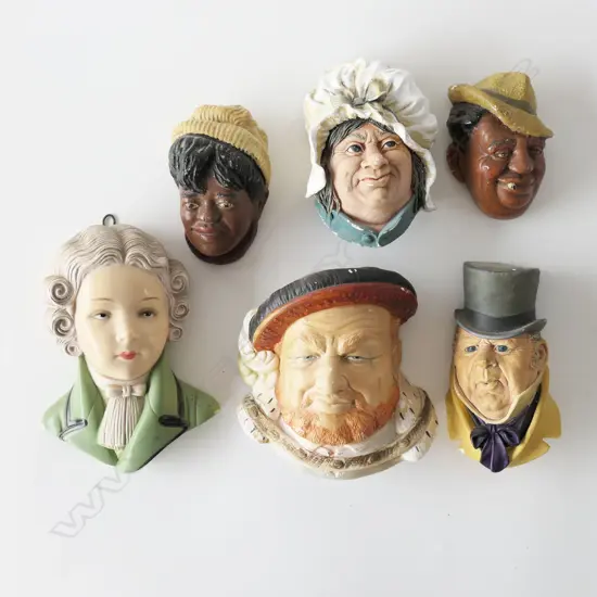 6 CHALKWARE HEAD WALL PLAQUES, SOME BOSSONS, LARGEST: H.190mm