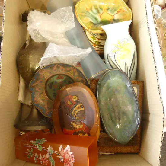 BOX LOT ASST. Small Plates, vases, brass vase etc.