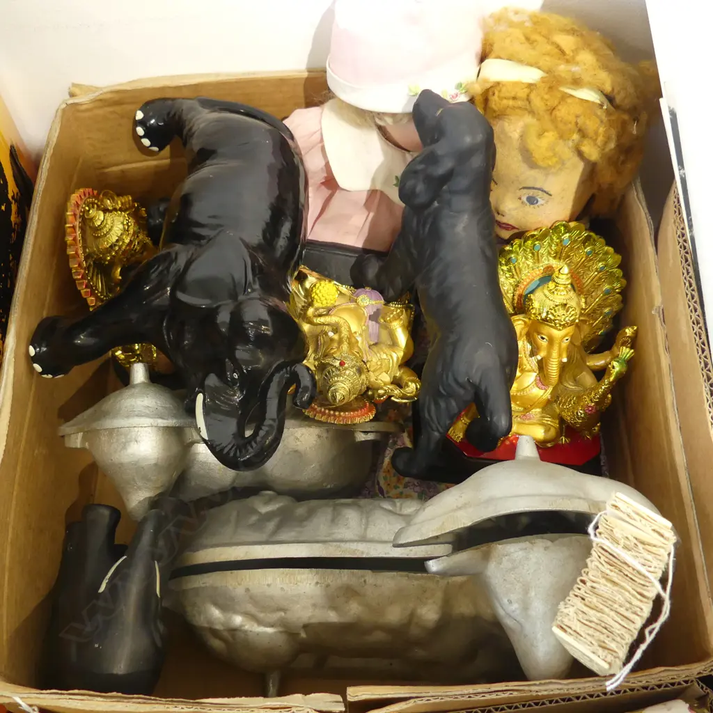 2 DOLLS, SHEEP MOLDS, INDIAN GANESH FIGURINES, BLACK CERAMIC ELEPHANTS ETC Image 1++