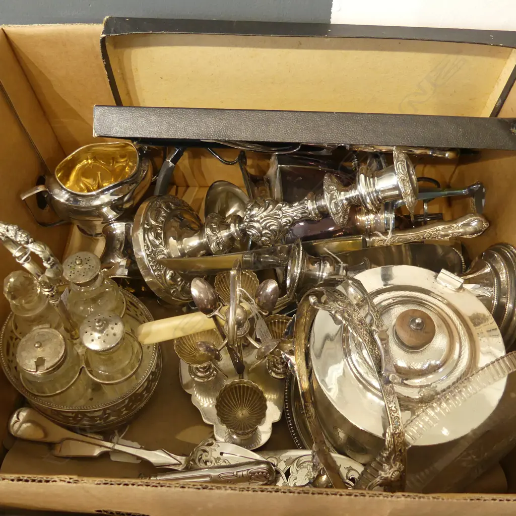 ASST. SILVER PLATE INCL. CRUET SETS, BISCUIT BARREL, SPIRIT KETTLE ETC Image 1++