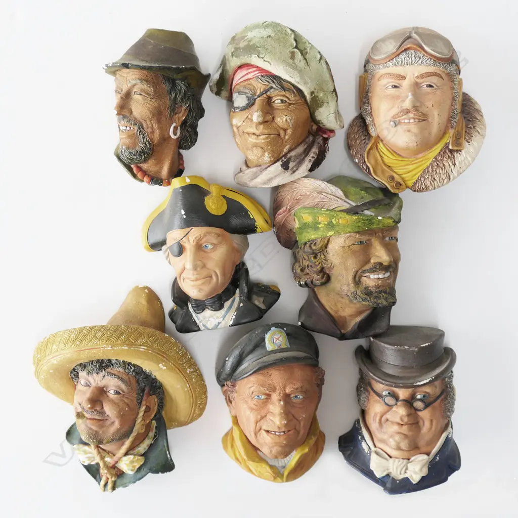 8 MALE HEAD WALL PLAQUES, MOSTLY BOSSONS, H.160mm Image 1++