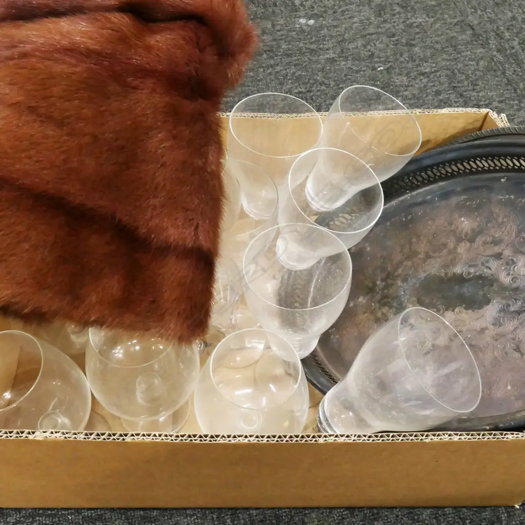 BOX LOT ASST. DRINKING GLASSES, FUR STOLE, 2 EP TRAYS Image 1++