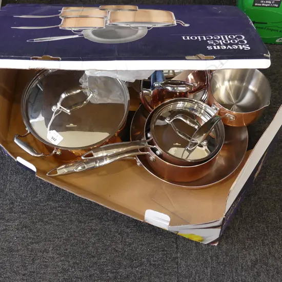 Set of five Stevens copper (tri-ply) cookware, stockpot, saucepans and sauté pan 
