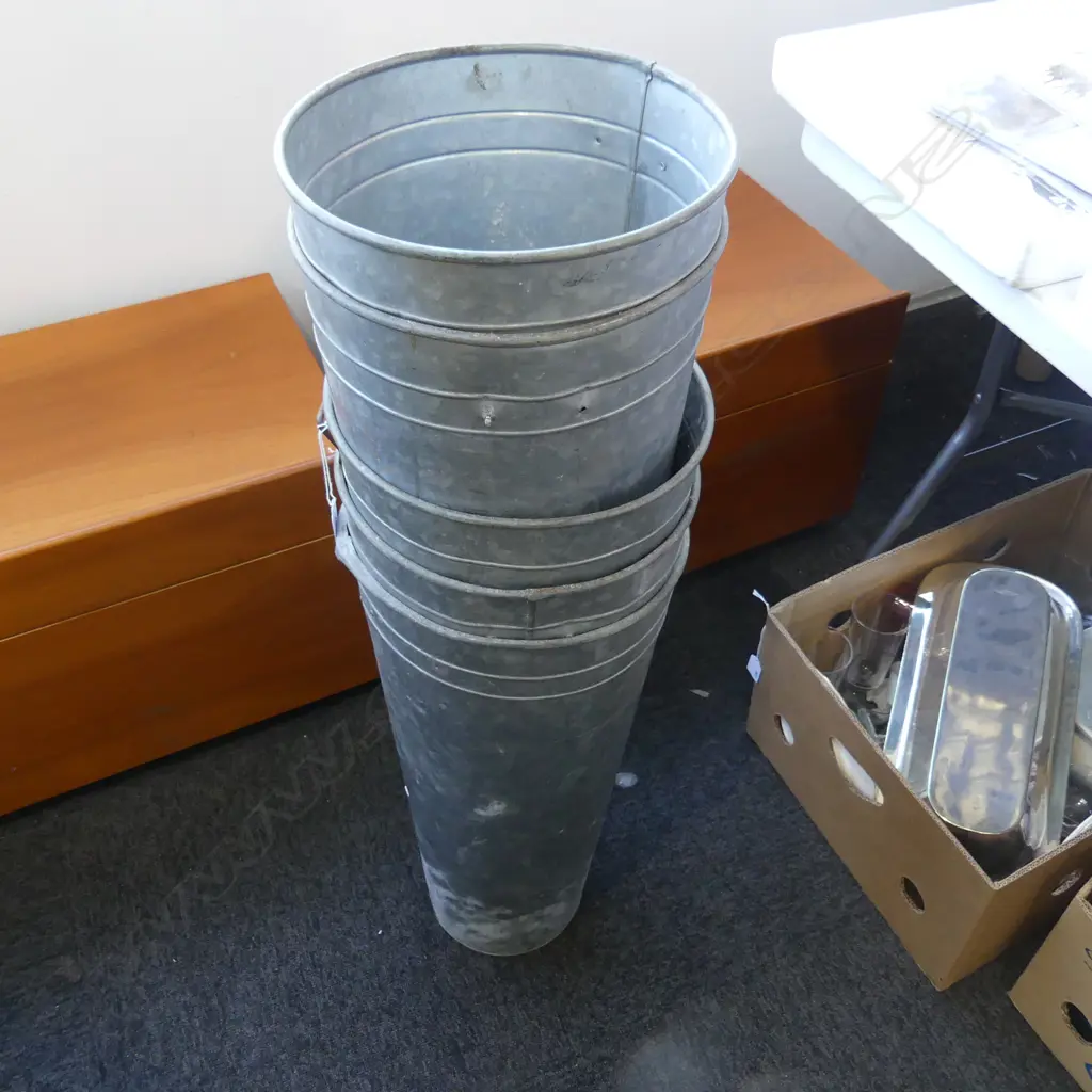 6 GALVANISED METAL FLOWER BUCKETS; 5x H.600mm, 1 405mm Image 1++