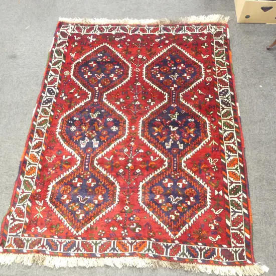 PERSIAN SHIRAZ ALL WOOL RUG 1900 x 1600mm 2 rows of joined triple diamond medallions