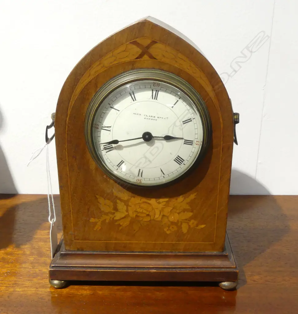 INLAID WOODEN MANTLE CLOCK; ALEX. CLARK MFG. Co. LONDON H.235mm Image 1++