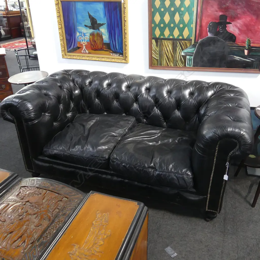 BLACK LEATHER CHESTERFIELD SOFA 1800x900x750mm Image 1++