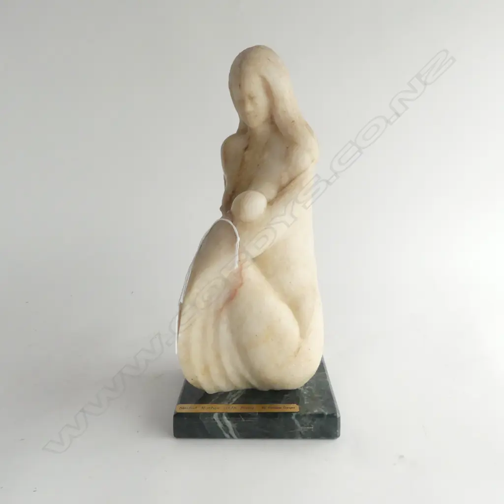 Graham Cooper (NZ) Seated Mother & Baby. Carved White Stone sculpture on green stone base. 280 x 130mm Image 1++