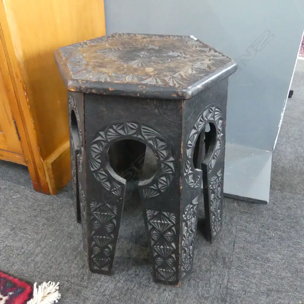 EBONISED CARVED OCTAGONAL  SIDE TABLE H.475mm 330mm dia Image 1++
