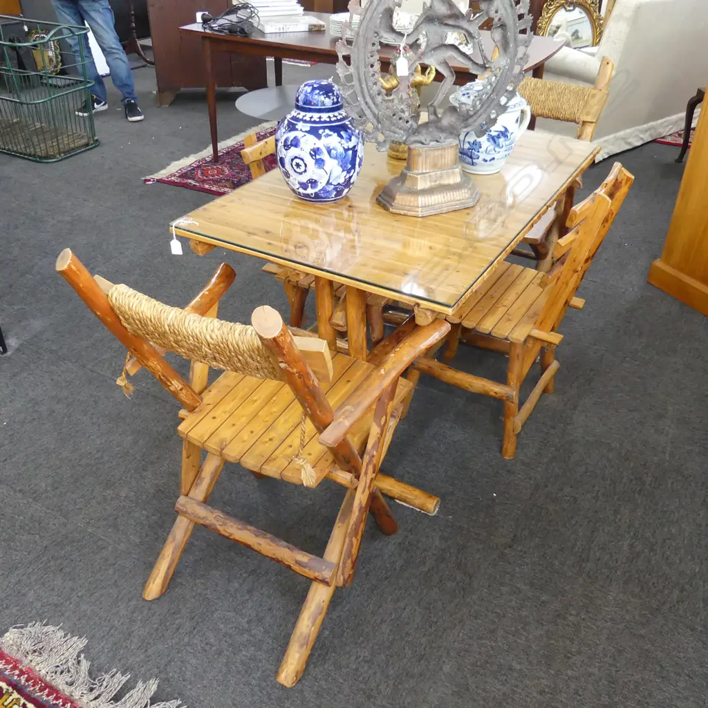 RUSTIC PINE DINING SET; GLASS TOPPED TABLE 1100x700x750mm & 4 CHAIRS Image 1++