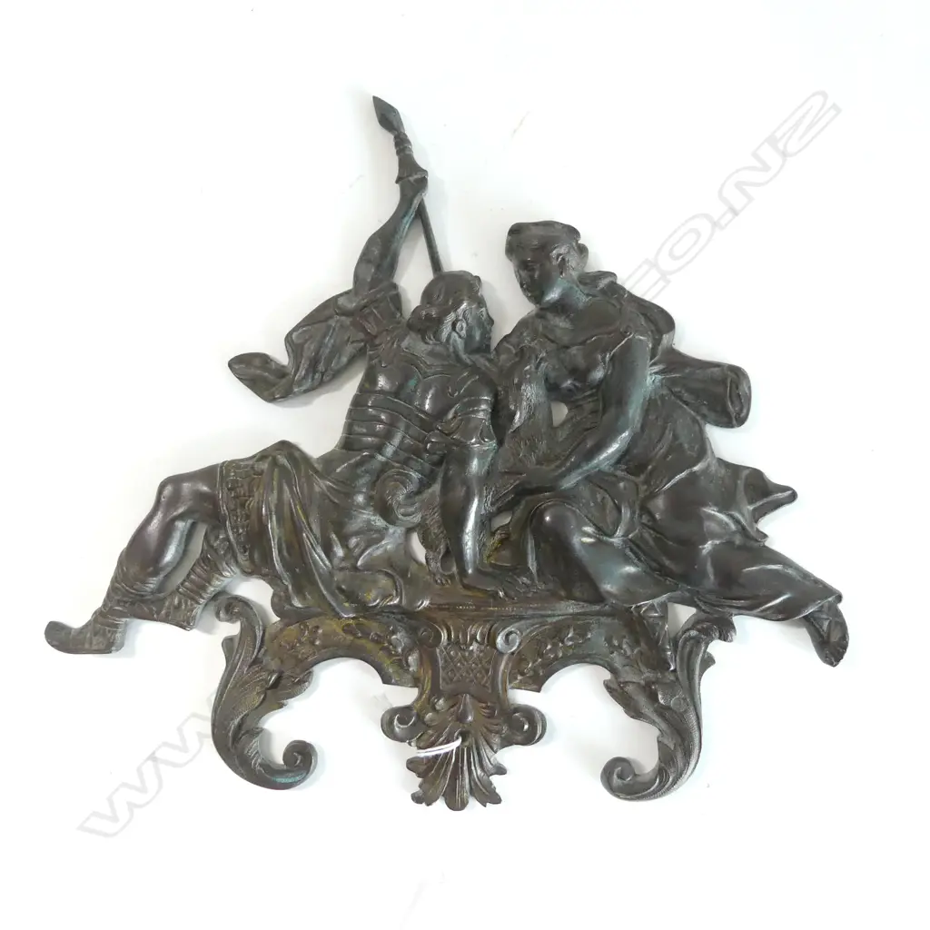 ANTIQUE CAST METAL PLAQUE; COUPLE & DOG H.235mm Image 1++