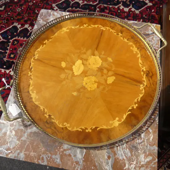 SORRENTO ITALIAN INLAID WOOD & BRASS GALLERY TRAY DIA430MM