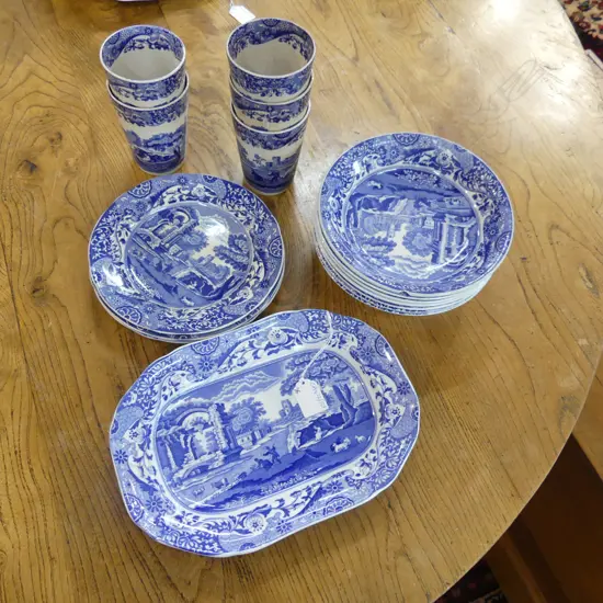 16 PCES COPELAND SPODE ITALIAN PATTERN; 5 BEAKERS, 7 BOWLS, 3 PLATES 190mm dia, DISH some faults