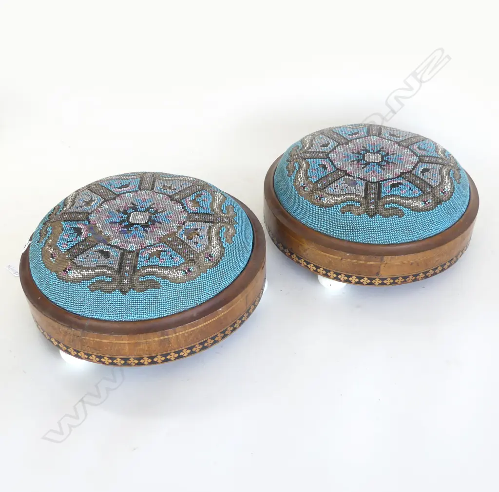 PR VICTORIAN NEEDLEWORK FOOT STOOLS 275mm dia some losses Image 1++