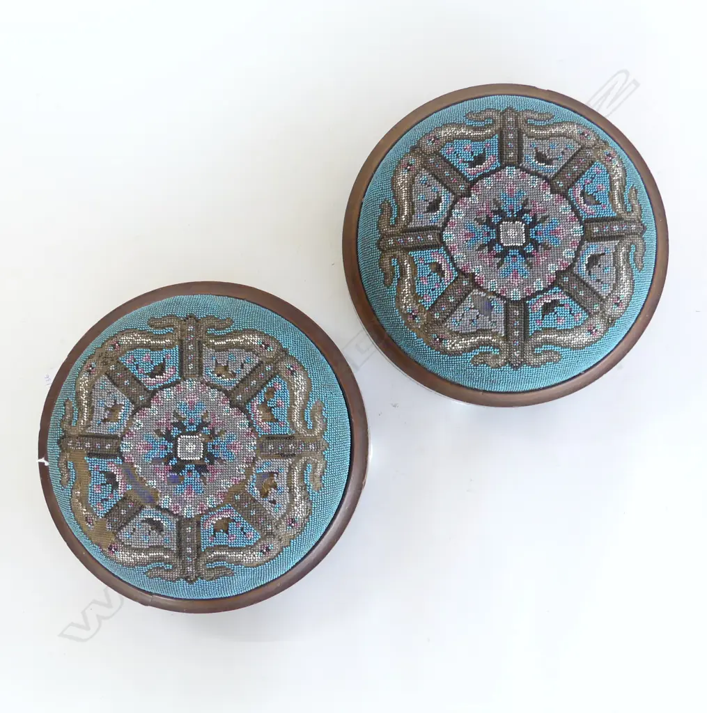 PR VICTORIAN NEEDLEWORK FOOT STOOLS 275mm dia some losses Image 1++