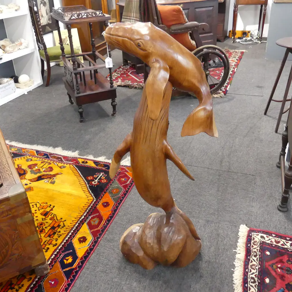 CARVED WOODEN STATUE; 2 WHALES H.1050mm Image 1++