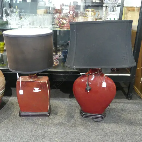 2 PLUM GLAZED LAMPS ON STANDS, H.360 x 390mm