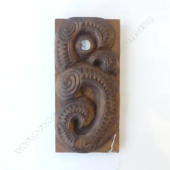 CARVED WOOD MAORI MANAIA FACE PAUA EYE H300MM