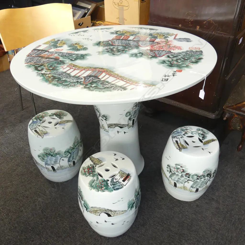CHINESE CERAMIC TABLE 900mm dia + 3 STOOLS Image 1++